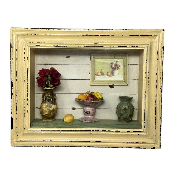 Unbranded Other - 3D Shadow Box With Faux Flowers & Fruit Display 9 x 11 Rustic Farmhouse Vtg